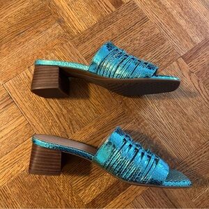 Aerosoles Slip On Mule Shiny Azure Blue Snakeskin High Heel Sandals Size…